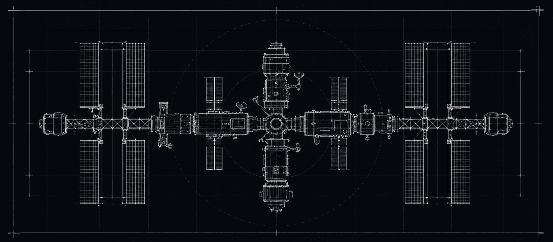 Abstract technical blueprint illustration representing an interconnected enterprise system